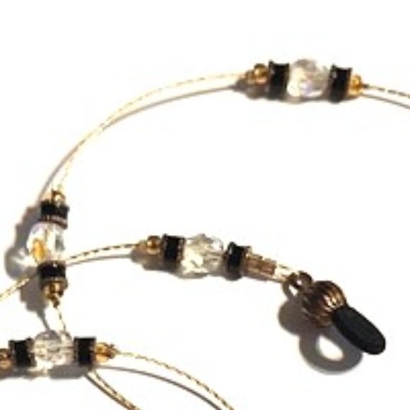 Vintage 27" Gold Thin Chain with Clear Crystals and Black Beads EyeGlasses Chain - Picture 2 of 5